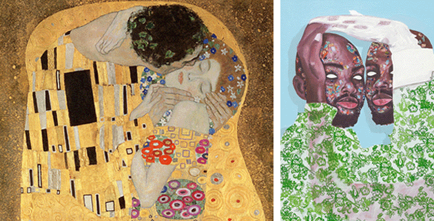 [LEFT] Gustav Klimt, Der Kuss (The Kiss), detail, 1907-08, Osterreichische Galerie Belvedere, Vienna. Image: Bridgeman Images  CAPTION: [RIGHT] Detail of the present work